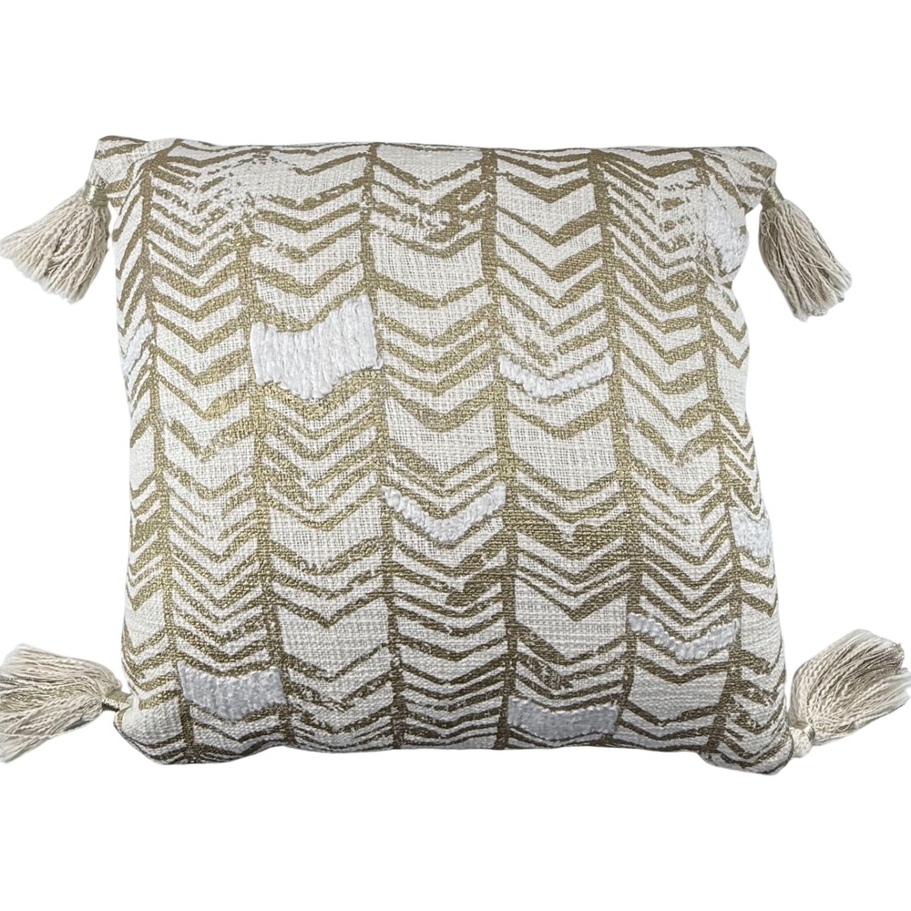 Max Studio 18x18 Throw Pillow Gold Cream Chevron Tassel Boho Glam Decor